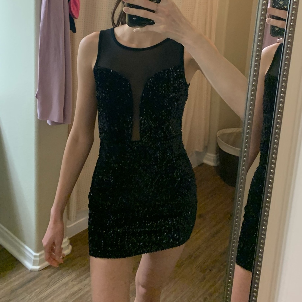 Black sequin and sheer party mini dress